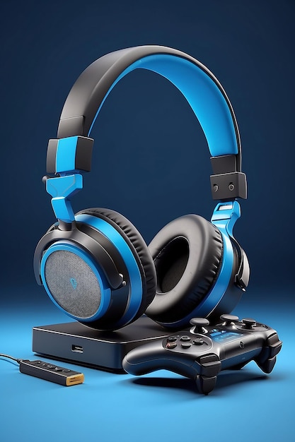 Black standard geypad headphones and game console in the background on a blue background 3d rendering