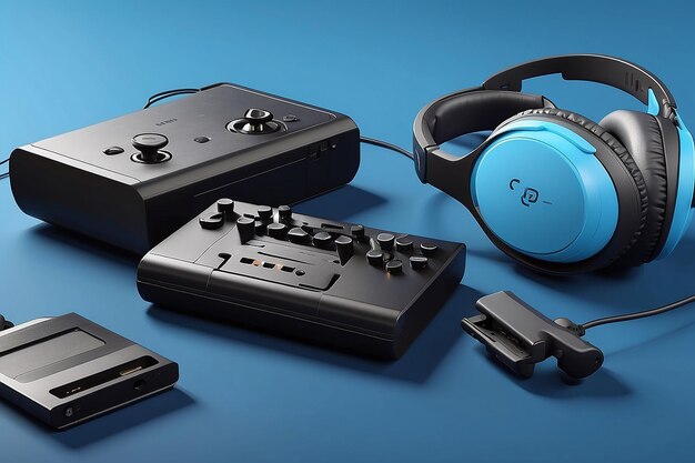 Black standard geypad headphones and game console in the background on a blue background 3d rendering