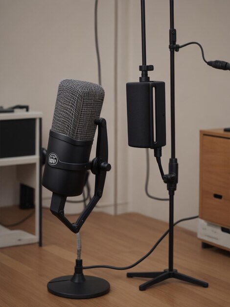 Photo black standing microphone in studio generated ai