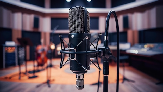 Black standing microphone in studio