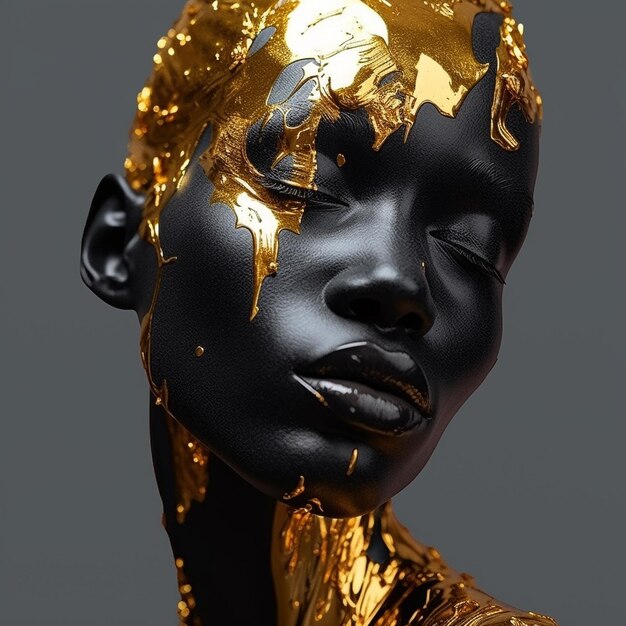 a black statue with gold paint on it