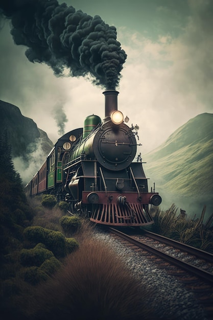 Photo black steam train on tracks over mountains and clouds created using generative ai technology