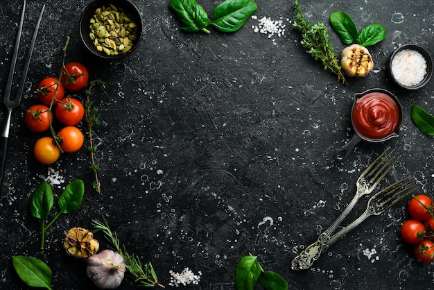 Black stone cooking background fresh vegetables and spices on a\
stone table top view