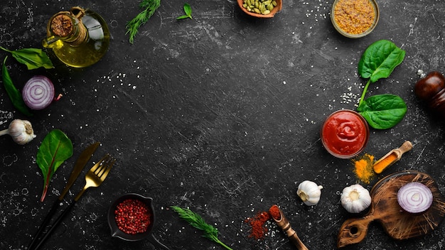 Black stone cooking background Spices and vegetables Top view Free space for your text