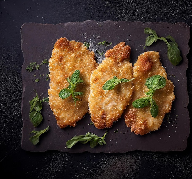 A black stone plate with three chicken nuggets on it