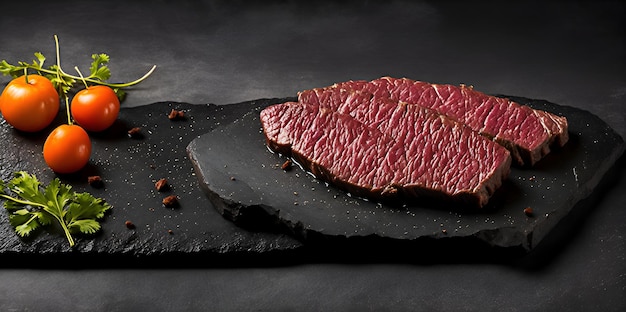 A black stone platter with a large piece of beef on it.
