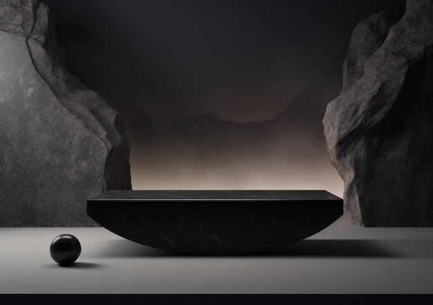 Black stone podium background Illustration AI Generative