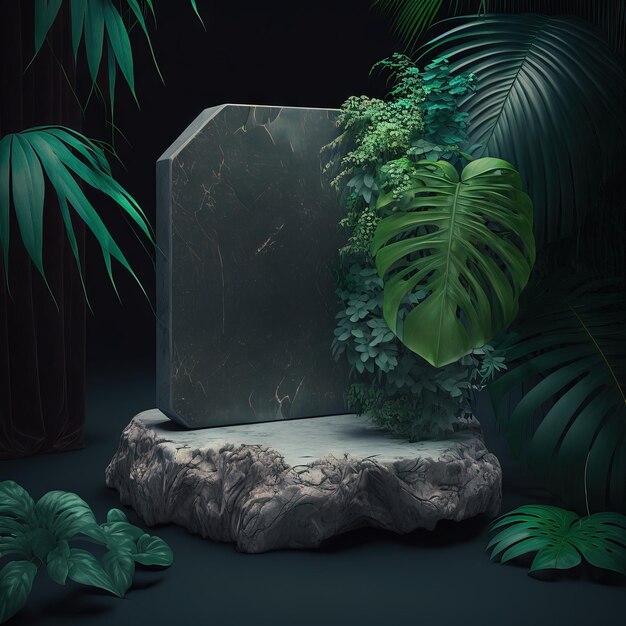 Black Stone podium green nature cosmetic product stand on black 3D background