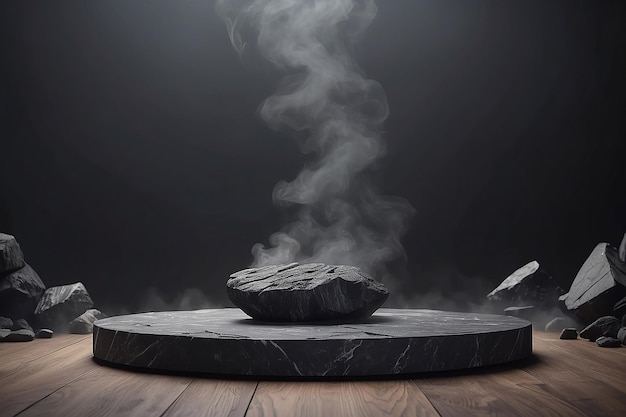 Black stone podium mockup with cinematic smoky environment