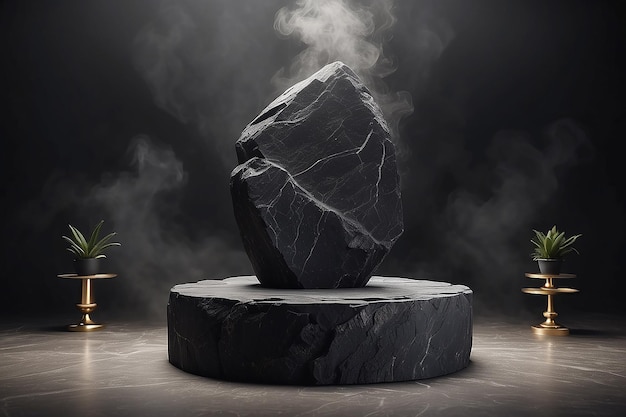 Black stone podium mockup with cinematic smoky environment