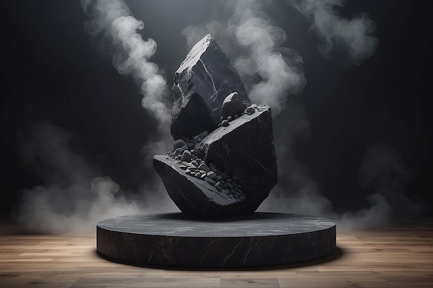 Фото black stone podium mockup with cinematic smoky environment