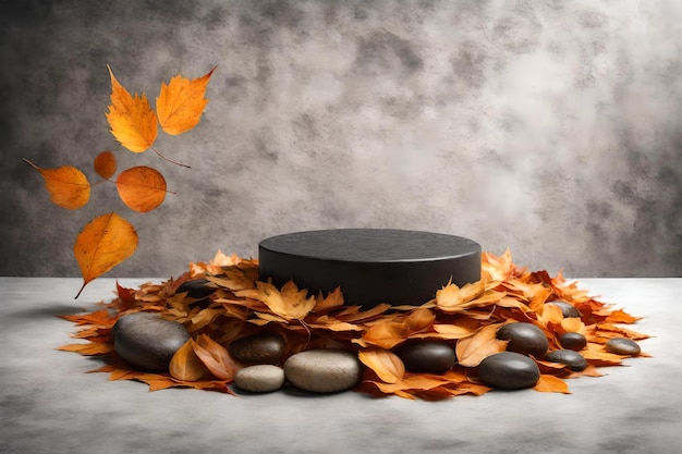 Black stone podium with autumn dried leaves