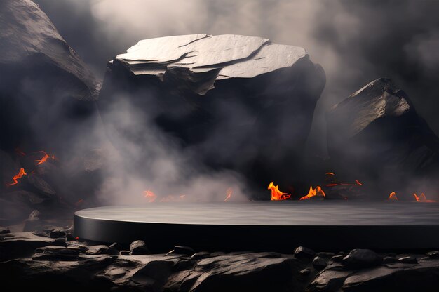 Foto podium in pietra nera con presentazione cinematografica del prodotto a fumo di fuoco 3d a sfondo scuro