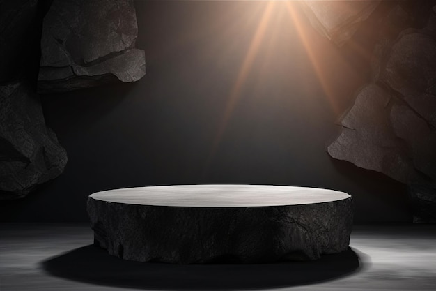 Фото Подиум из черного камня с теней от солнца для демонстрации продукта на фоне в форме скалы