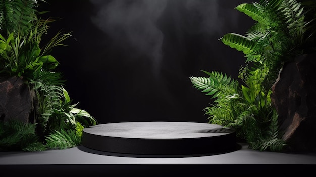 Black stone product podium for product display with green plants around the podium