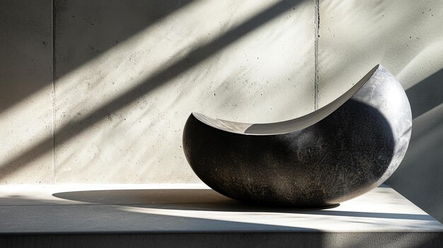 Photo black stone sculpture sitting on a marble table with concrete wall and floor in the background