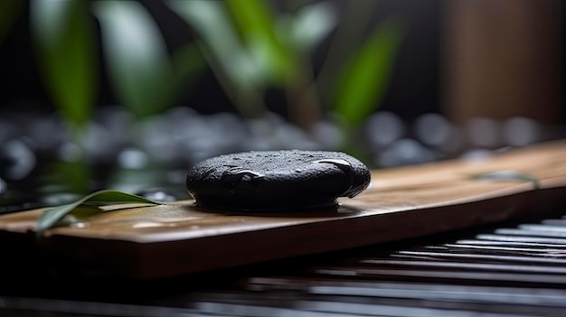 A black stone sits on a wooden tray with a green leaf on it.