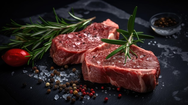 A black stone surface with two raw meats on it.