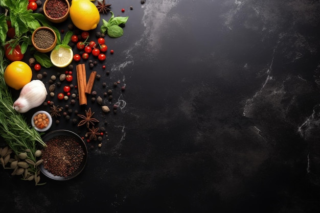 Black stone table with food cooking in the background