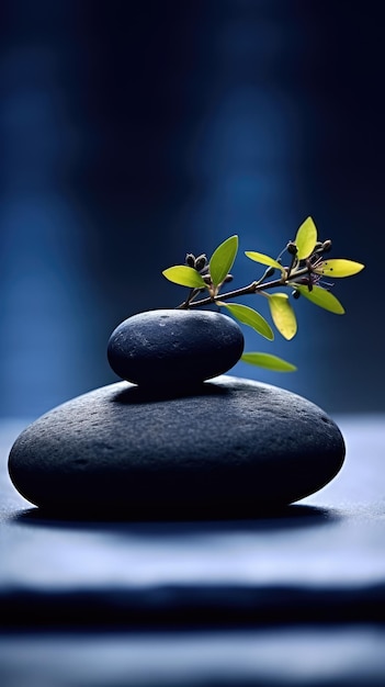 A black stone with a branch of green leaves on top of it.