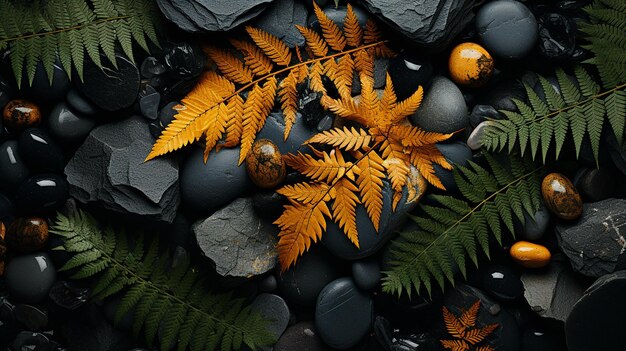 black stones and leaves on a dark background