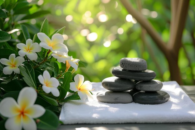 Black stones and white flowers on a white towel with a blurred background of foliage
