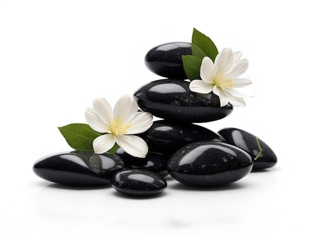 Photo black stones with white flowers on white background