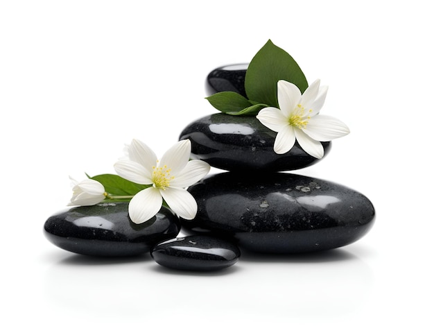 Photo black stones with white flowers on white background