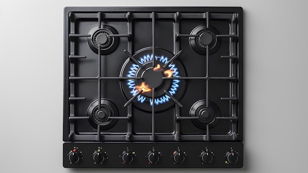 A black stove with blue flames on it