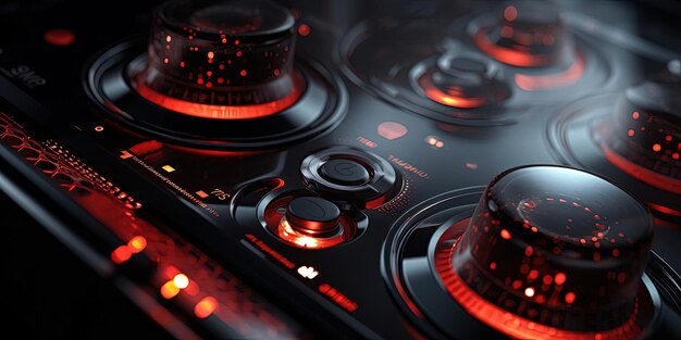 a black stove with red buttons in focus background