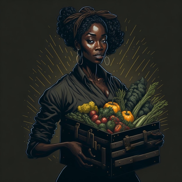 漫画風のイラスト生成aiアートで野菜がいっぱい入った箱を持つ黒人の強い女性