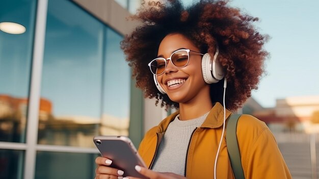 Black student girl wearing headset and using mobile smartphone while walking at college