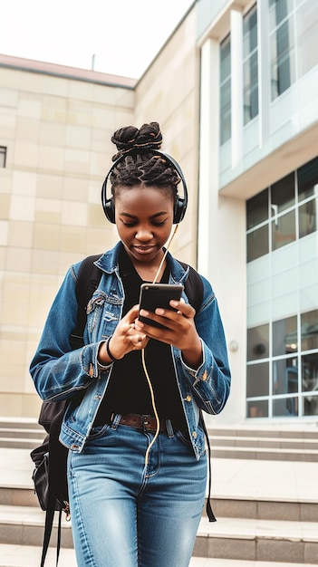 Black student girl wearing headset