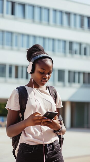 Black student girl wearing headset