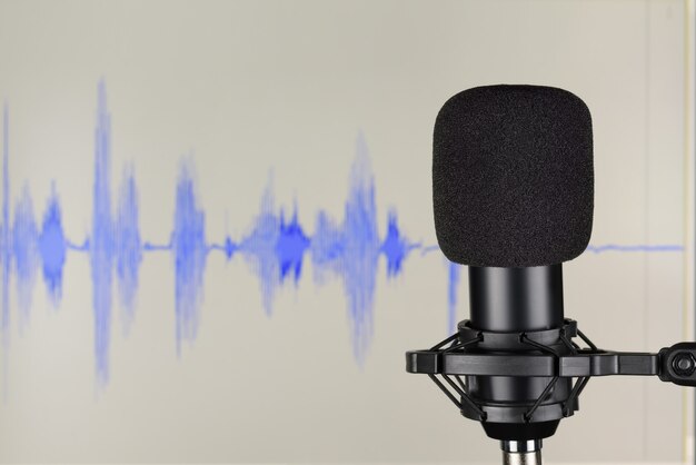 Черный студийный конденсаторный микрофон на фоне монитора компьютера с формой волны. Концепция звукозаписи