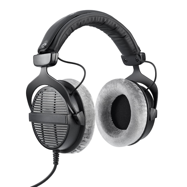 Black studio over-ear open back headphones isolated