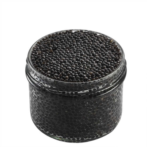 Black sturgeon caviar in a glass jar on an isolated white background