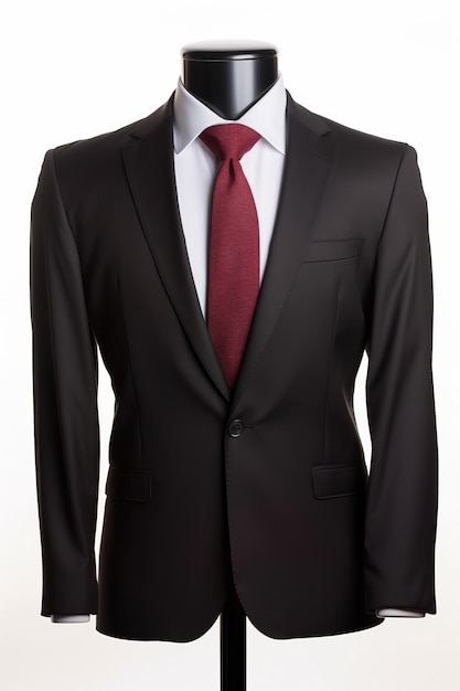 A black suit with a red tie on a mannequin