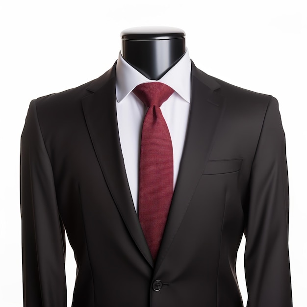 Черный костюм с красным галстуком на манекене.