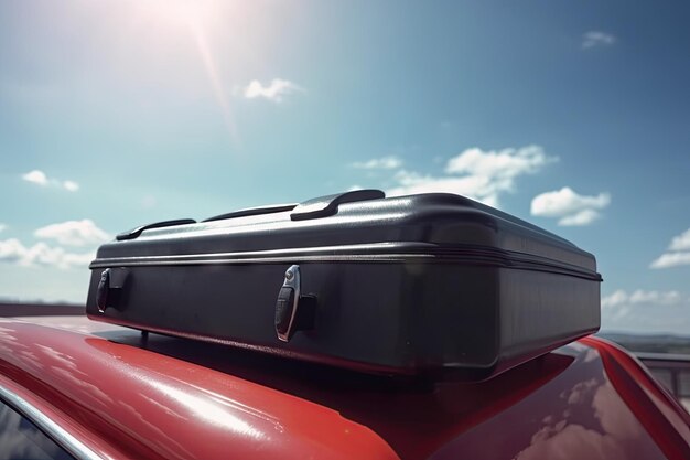 Black suitcase with red handle on car roof against sunny blue sky