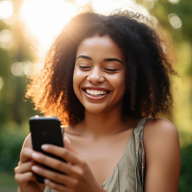 Black Summer Girl Smiling at Smartphone