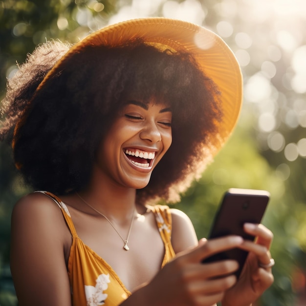 Black Summer Girl Smiling at Smartphone