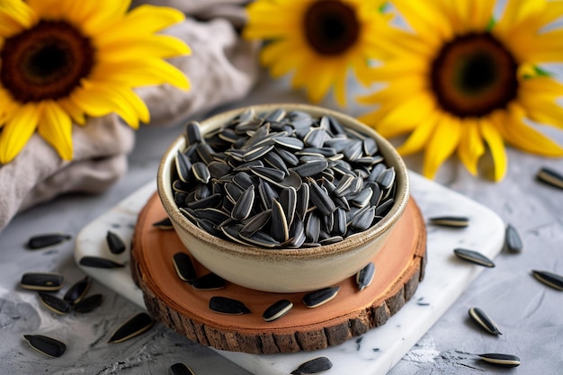 Foto semi di girasole neri in ciotola su trivet sulla superficie di marmo