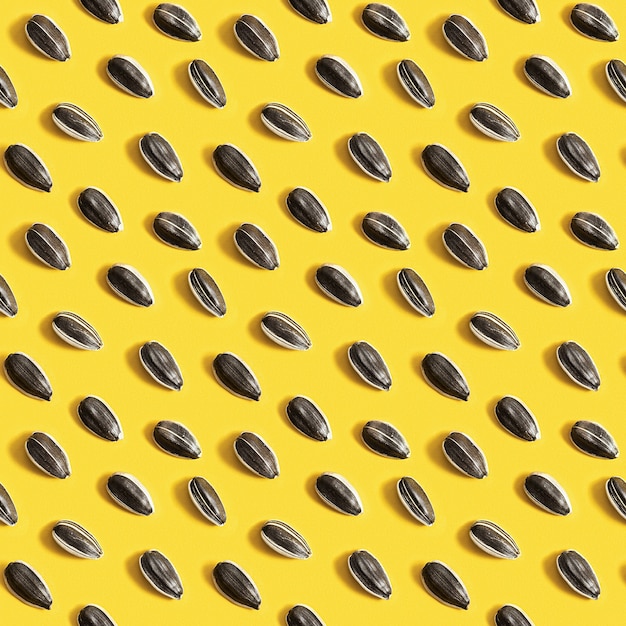 Black sunflower seeds on bright yellow background