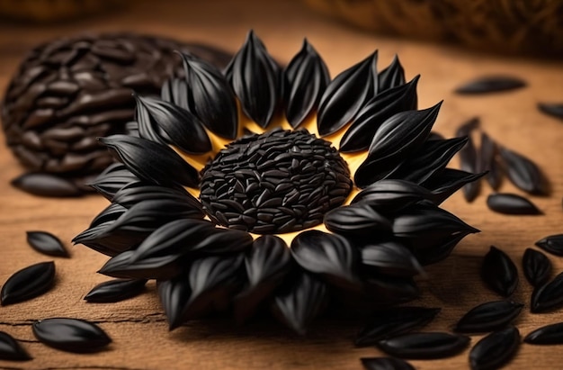 Black sunflower seeds seen from the front sitting in a bowl of grain seed snack oil on a brown desk