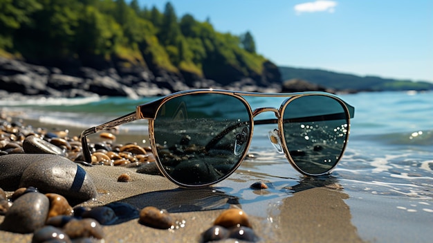 Black sunglass on sea beach