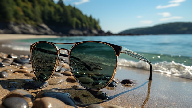 Черные солнцезащитные очки на морском пляже