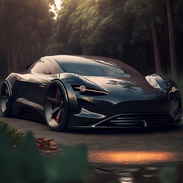 A black supercar is on a jungle road