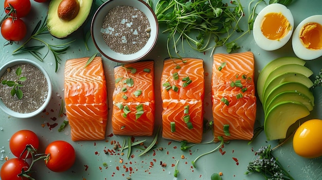 A black surface is covered with fresh salmon slices creamy avocado chunks and perfectly