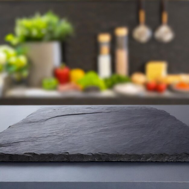 Black surface stone for food display on a blurred background Ai Generated